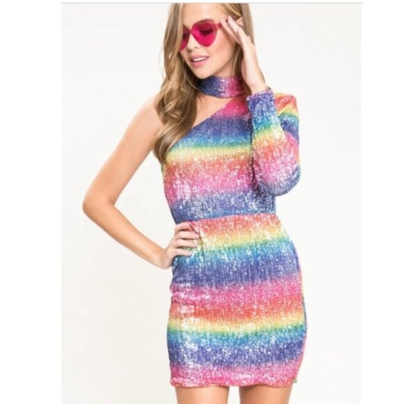 L'Atiste by AMY Rainbow Sequined One Shoulder Mini Dress L NWT Taylor Swift! - Picture 1 of 9
